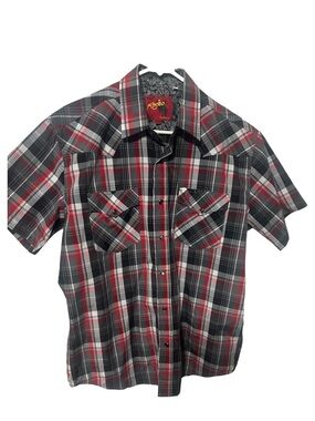 Rodeo Clothing Co Red Gray Plaid Pearl Snap Western Shirt Large